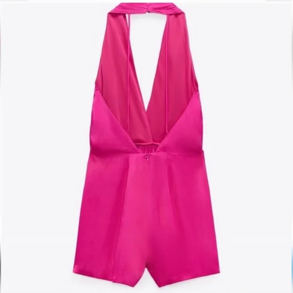 ZARA SATIN EFFECT SHORT JUMPSUIT ROMPER FUCHSIA Pink size L - Picture 11 of 12
